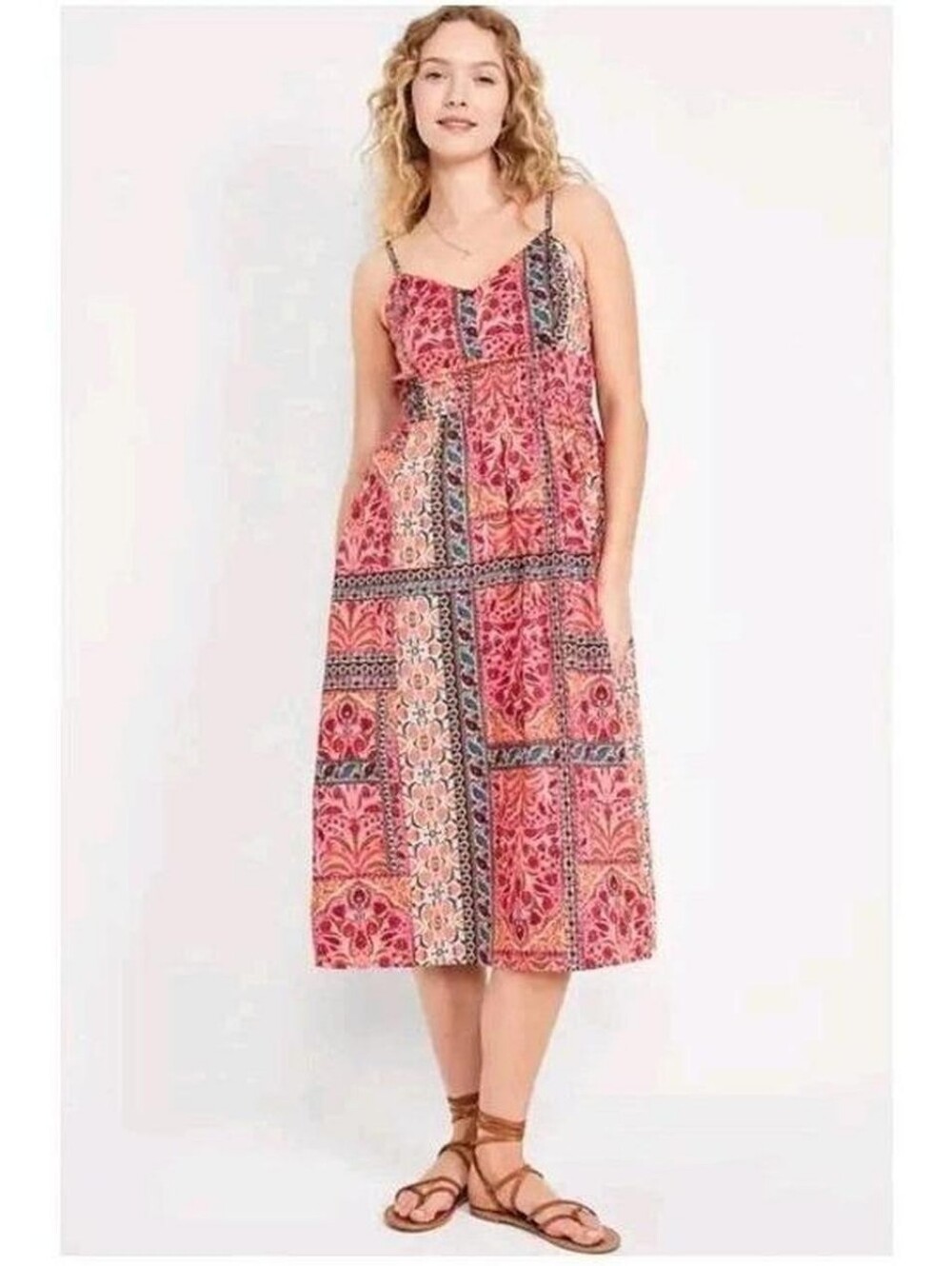 Old Navy Red Multi Patchwork Midi Dress Small